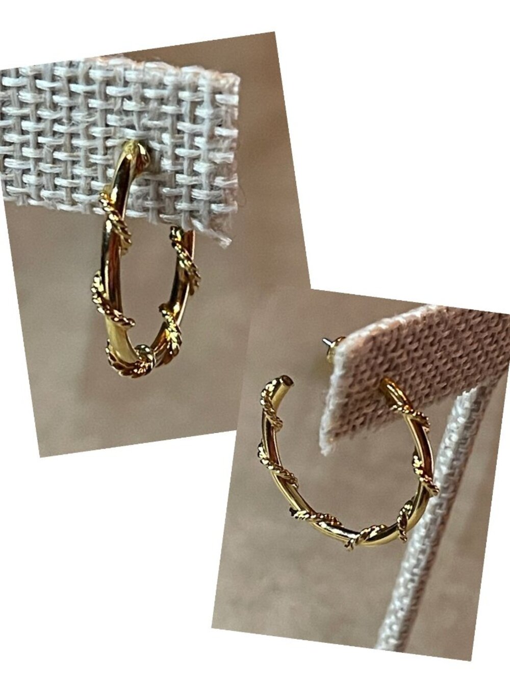 Vintage 60s Signed Monet Wrapped Twisted Gold Plated Hoop Pierced Earrings